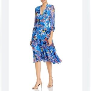 Shoshanna Womens Blue Zippered Ruffled Floral 3/4 Sleeve V Neck dress